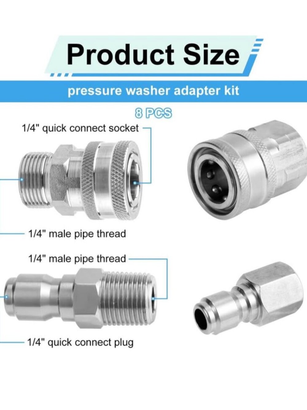 8pcs Pressure Washer Quick Connect Kit - 1/4in